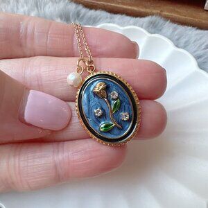 Rose Blue Enamel Oval Gold Necklace with Freshwater Pearl Charm